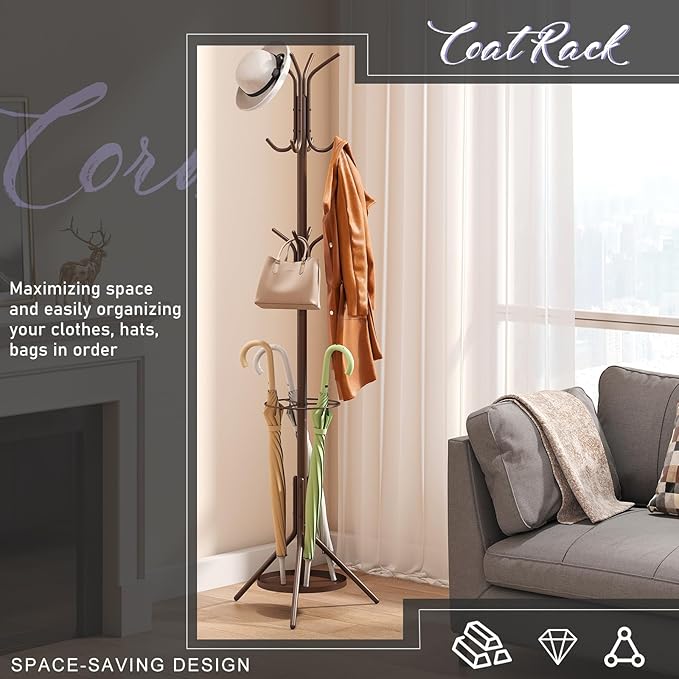 Coat Rack Freestanding, Entryway Hanger Stand, Umbrella Holder, Hall Tree - Image 3