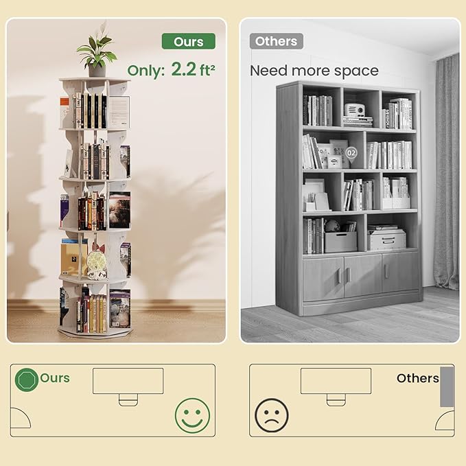 Rotating Bookshelf, 5 Tier Spinning Bookshelf Tower, Corner Revolving Storage - Image 3