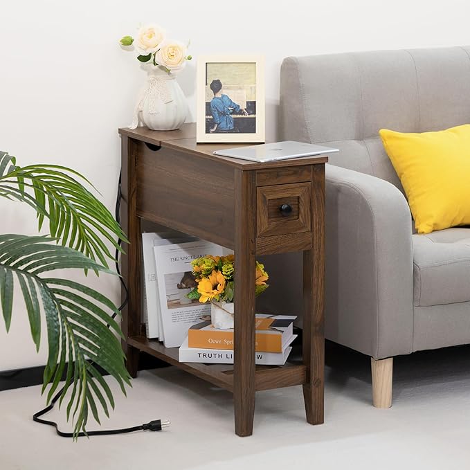 End Table with Movable Top and Charging Station, Narrow Side Table with Storage by LUSUOWLZ