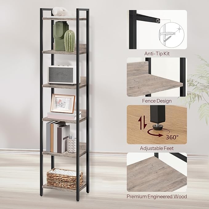 Bookshelf, 6-Tier Bookcase, Standing Book Shelf - Image 5