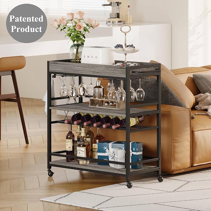BON AUGURE Bar Cart, Home Bar Serving Cart on Wheels, Mobile 3 Tier Liquor - Image 7
