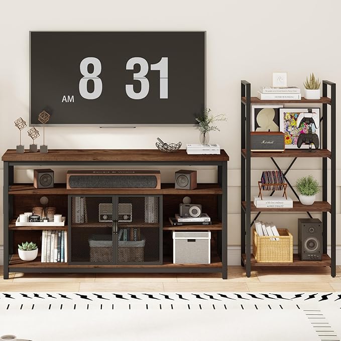 BON AUGURE Tall TV Stand for TVs up to 65 Inch, Industrial Wood Entertainment - Image 5