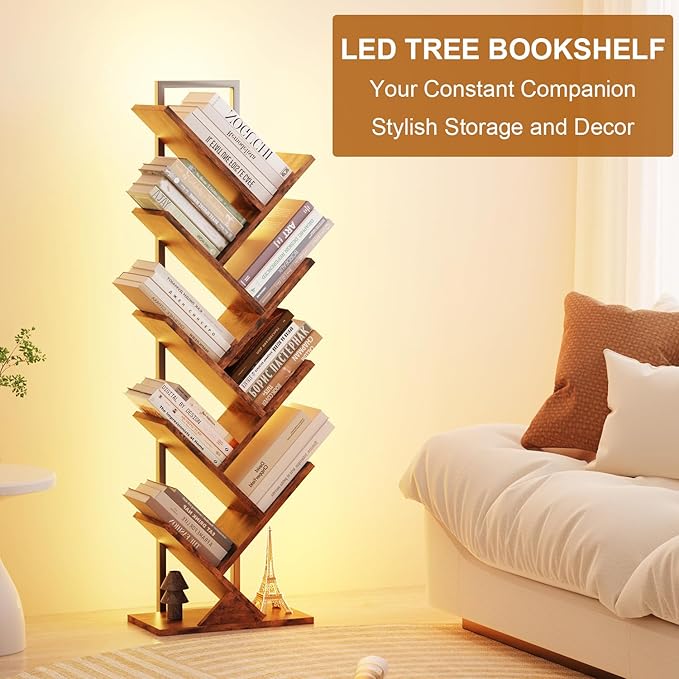Tree Book Shelf with LED Lights, 9 Tier Floor Standing Bookcase, Classical - Image 7