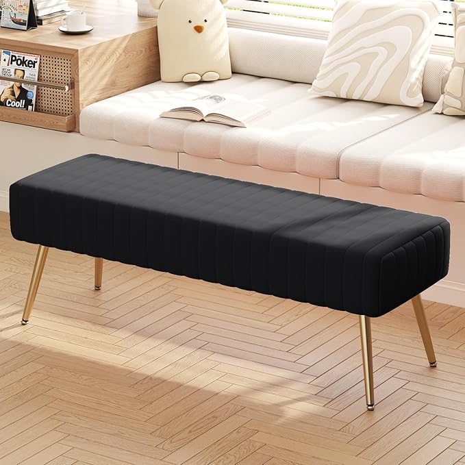 Furniliving 44 Inch Bedroom Bench, Upholstered Tufted Striped Fabric Ottoman - Image 2