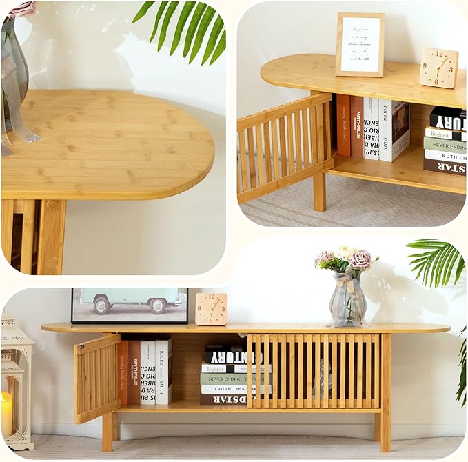 HollyHOME Bamboo TV Stand with Storage - Image 5