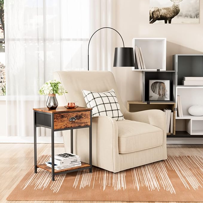 Furologee End Table with Storage Shelf and Fabric Drawer, 2 Tiers Industrial - Image 2