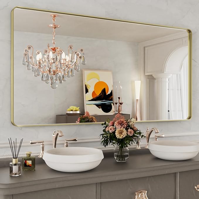 WEER Gold Bathroom Mirror, 60x30 Inch Brushed Gold Metal Frame, Rounded by WEER