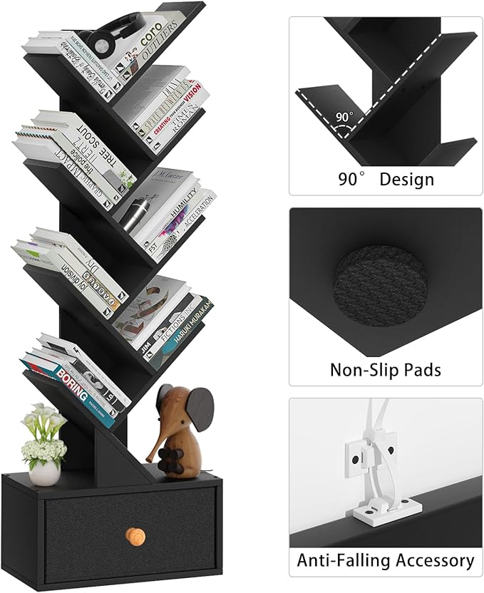 8 Tier Tree Bookshelf with Drawer, Free Standing Wood Bookcase - Image 5