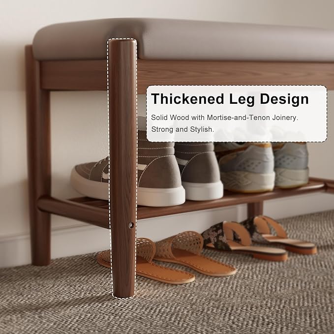 Shoe Bench Entryway with Cushion, Solid Wood Bench with Shoe Storage, 2-Tier - Image 3