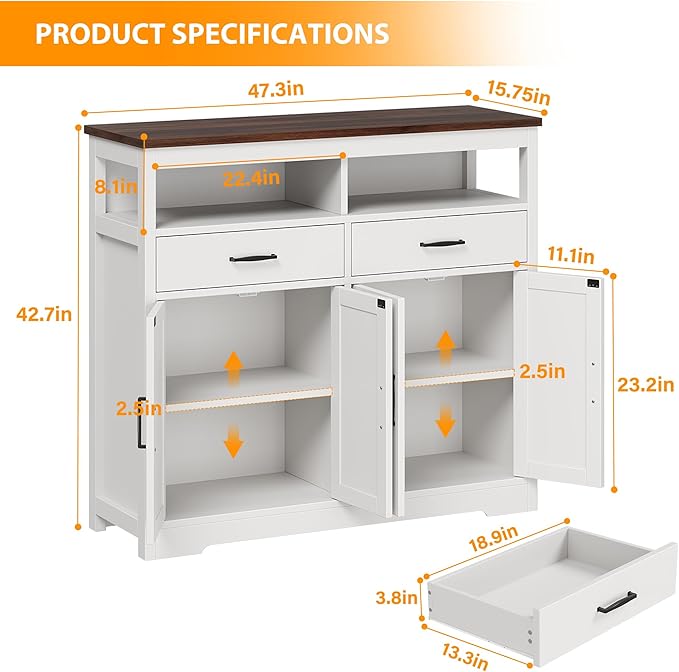 Buffet Sideboard with Storage Farmhouse with 4 Doors, Dining Room - Image 2