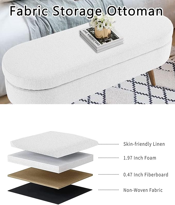 Oval Storage Bench 43.5" Linen Fabric Upholstered Entryway Bench - Image 4