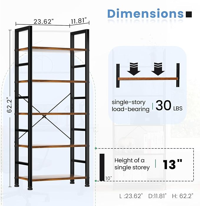 DUMOS 5 Tiers Bookshelf, Classical Modern Book Shelf, Tall Display Shelves in - Image 2