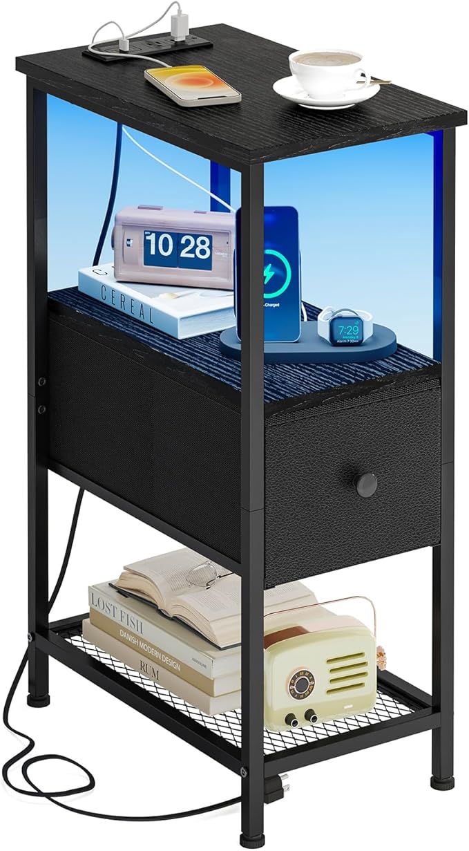 Fixwal Narrow Side Table with Charging Station and LED Light, Skinny Nightstand by Fixwal