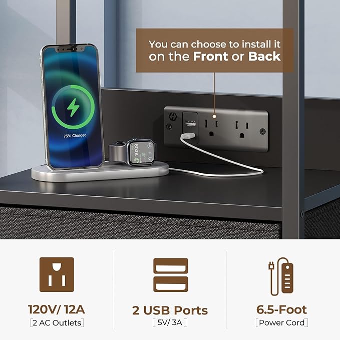 Seventable Night Stand with Charging Station, Tall Nightstand with 6 Fabric - Image 4
