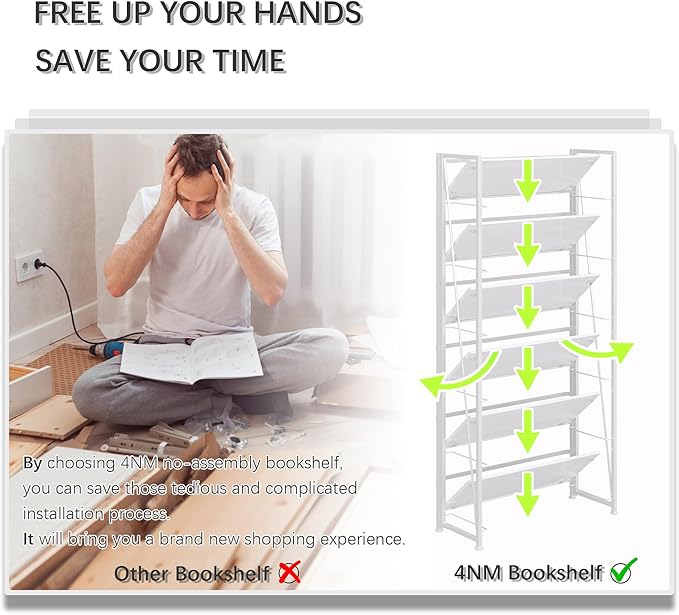 4NM No Assembly Folding Bookshelf, 6-Shelf 74" H Collapsible Foldable Bookcase - Image 7