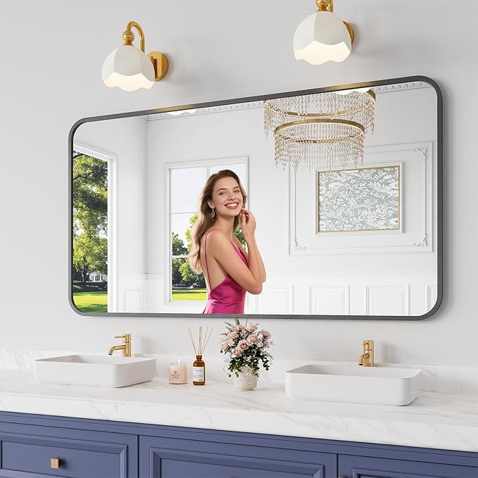 Bathroom Mirror, 30X55 Inch Black Metal Framed Mirror by KOONMI