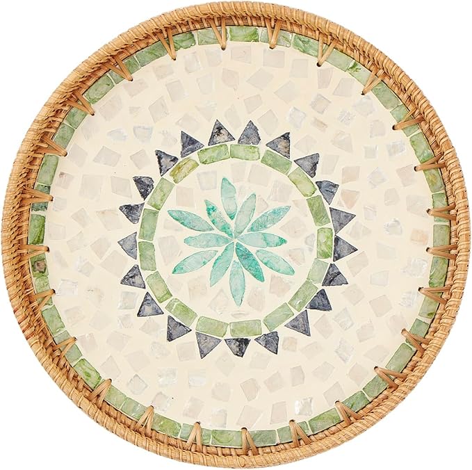 Round Rattan Tray with Mother of Pearl Inlay, Rattan Serving Tray with Wooden by Kmelep