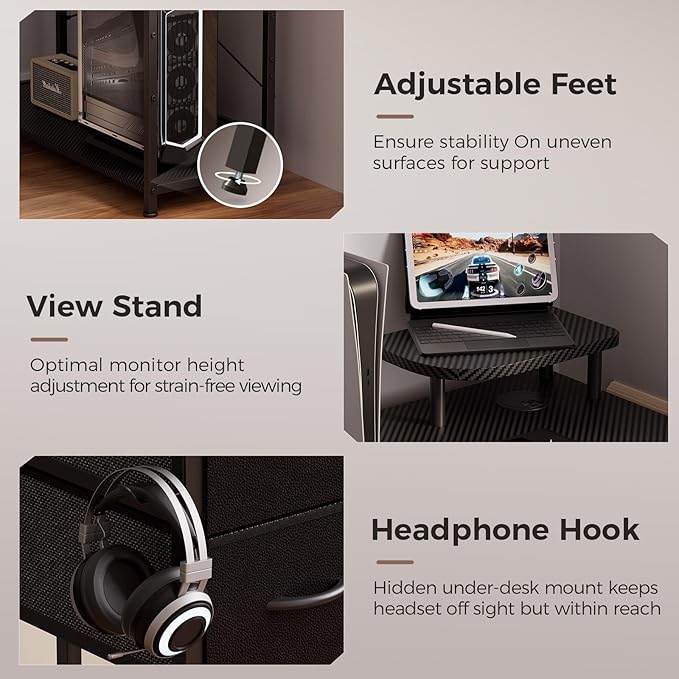 GTPLAYER L Shaped Desk with Drawers, Carbon Fiber Style Computer Desk with - Image 8
