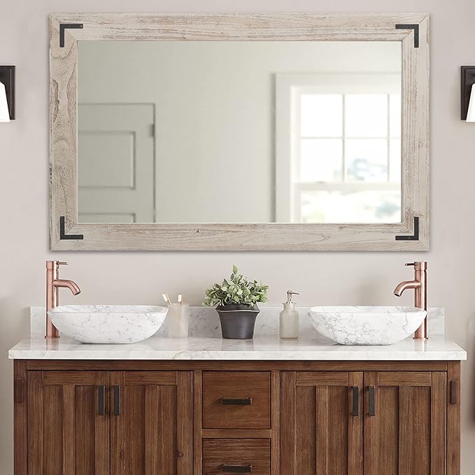 YOSHOOT Rustic Wooden Framed Wall Mirror, Natural Wood Bathroom Vanity Mirror by YOSHOOT
