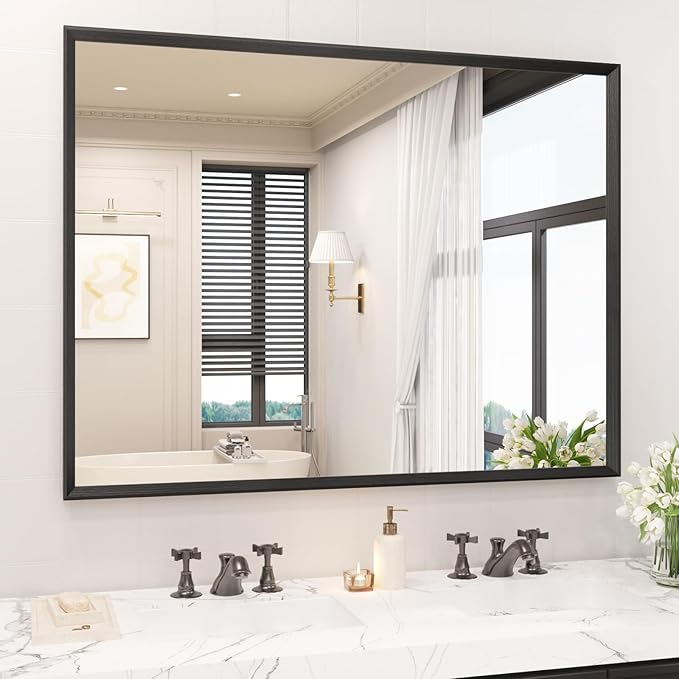 40x36 Inch Bathroom Mirror, Matte Black Framed Rectangle, 4MM Tempered Glass - Image 2