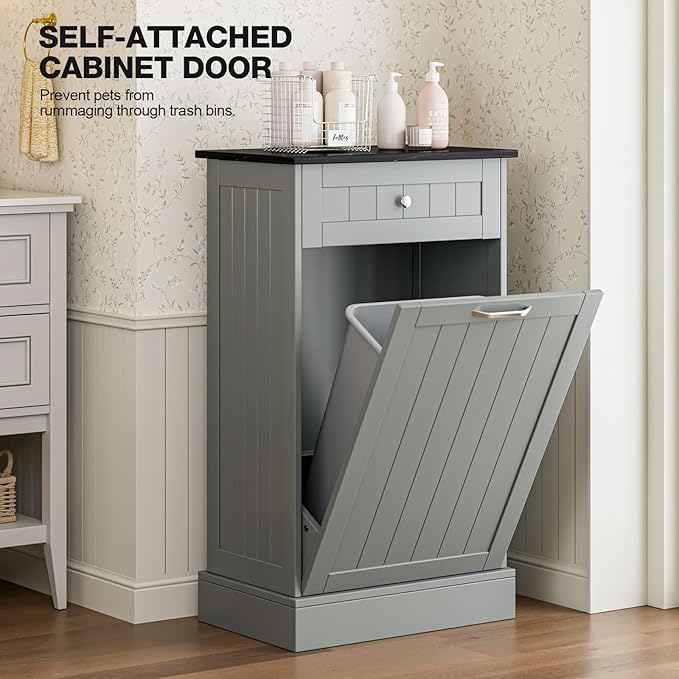 GAZHOME 10 Gallon Tilt Out Trash Cabinet, Upgrade Wooden Free Standing Recyclin - Image 4