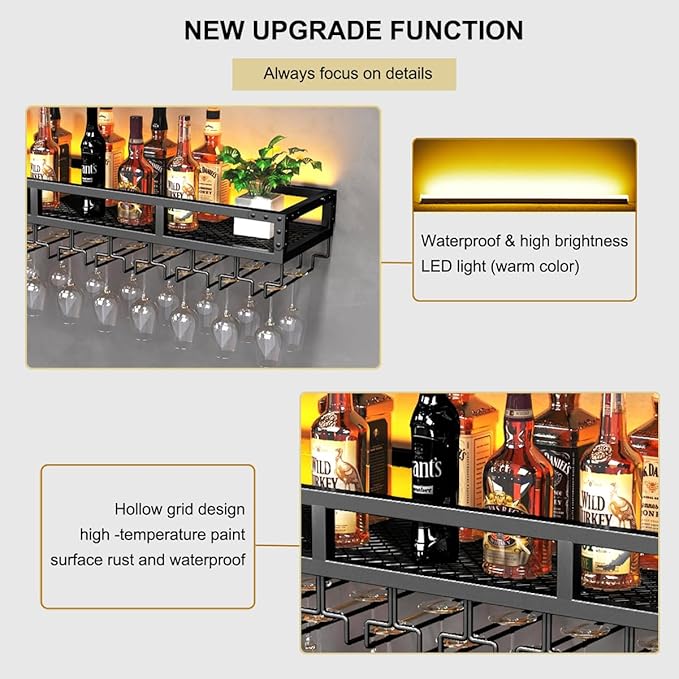 Pengfei LED Wine Rack Wall Mounted, Industrial Metal Wall Wine Shelf & Glass - Image 5