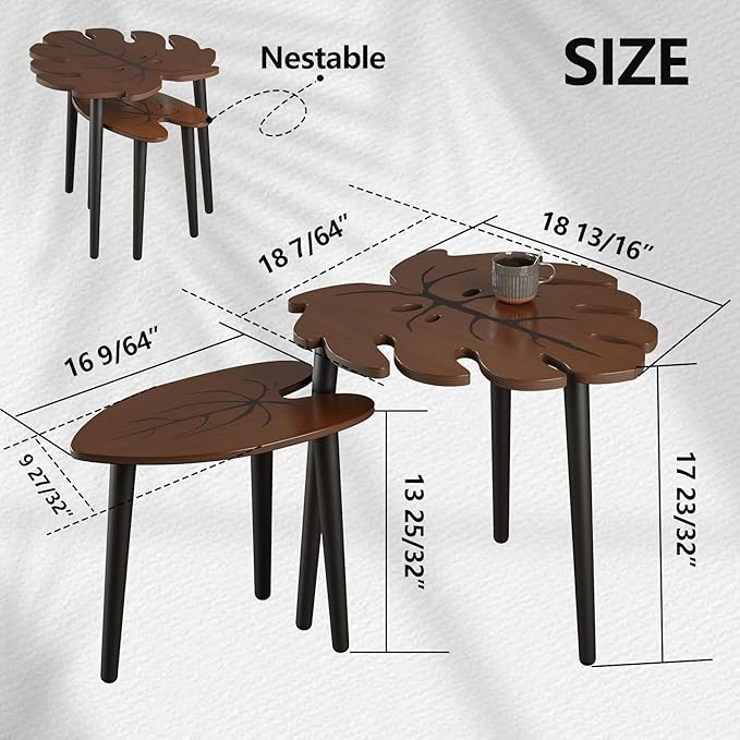 BAMEOS Monstera Leaf Nesting Tables Set of 2, Small Coffee Table Set - Image 2