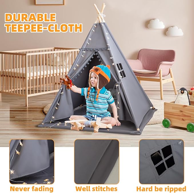 Teepee Tent for Kids with Mat, Star Lights, Carry Case, Cotton Canvas Playhouse - Image 4
