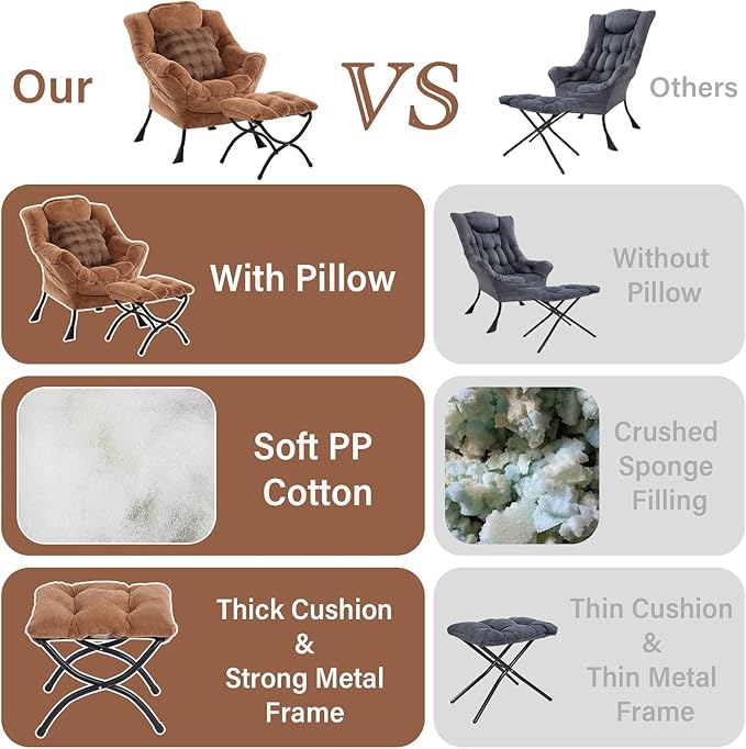 Lazy Chair with Ottoman, Comfy Reading Chair with Footstool & Throw Pillow - Image 5