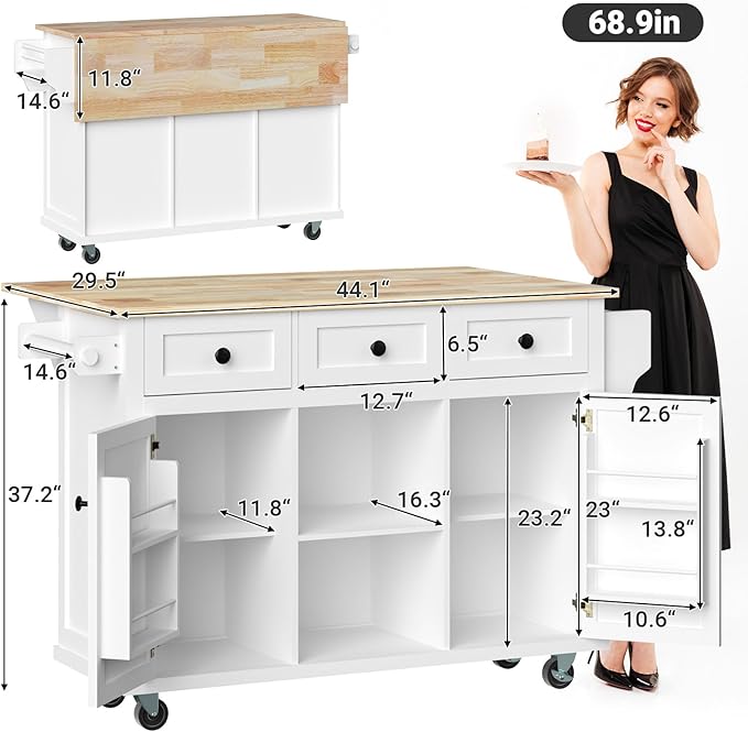 Rovibek Kitchen Island with Drawers 53 in Rolling Island Cart Mobile Solid Wood - Image 2