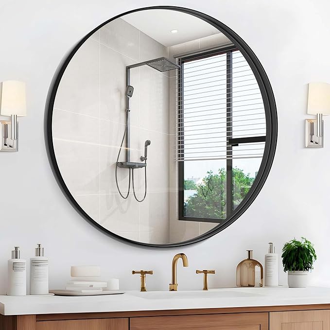 Black Round Mirror 39 inch Deep Frame Circle Mirror, Metal Frame Round Bathroom by WelcometoCIVENO