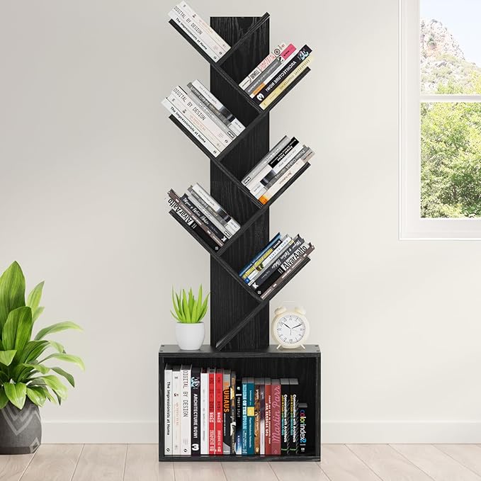 6 Tier Tree Bookshelf, Sturdy Retro Floor Standing Wood Bookcase, Storage Rack - Image 2
