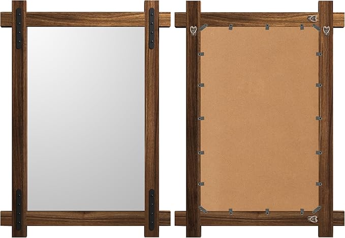 YOSHOOT Farmhouse Wood Bathroom Mirror, Round Corner Vanity Mirror - Image 3