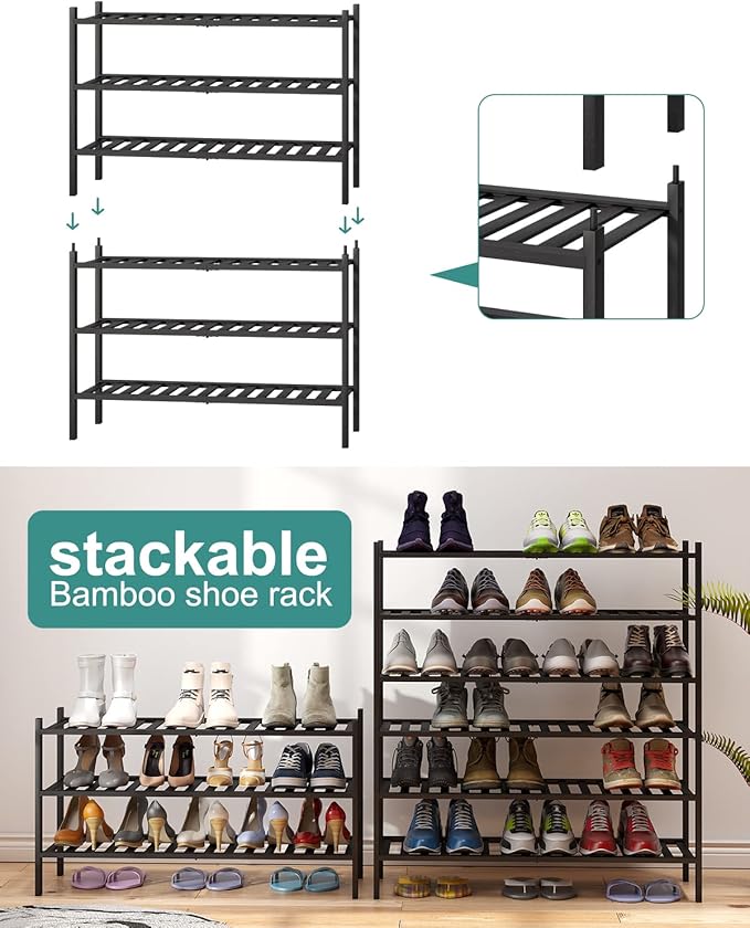 3-Tier Long Black Shoe Rack, Bamboo Wood Shoe Rack - Image 6