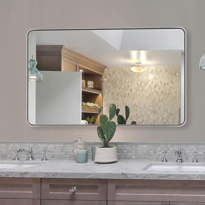 ANDY STAR 30x48 Inch Brushed Nickel Bathroom Mirror, Rounded Corner Brushed - Image 3