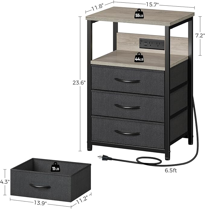 Seventable Nightstand with Charging Station and LED Light, Bedside End Table - Image 3