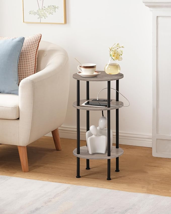 Small Round Side Table with Charging Station, Round End Accent Table, 3-Tier - Image 9