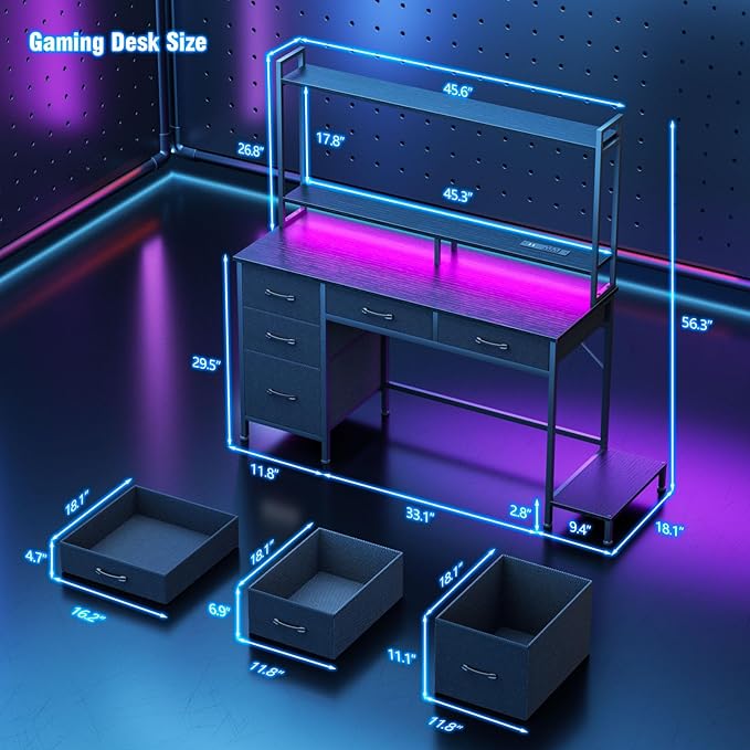 Computer Gaming Desk with Hutch, Home Office Desk with Power Outlets, LED Light - Image 3