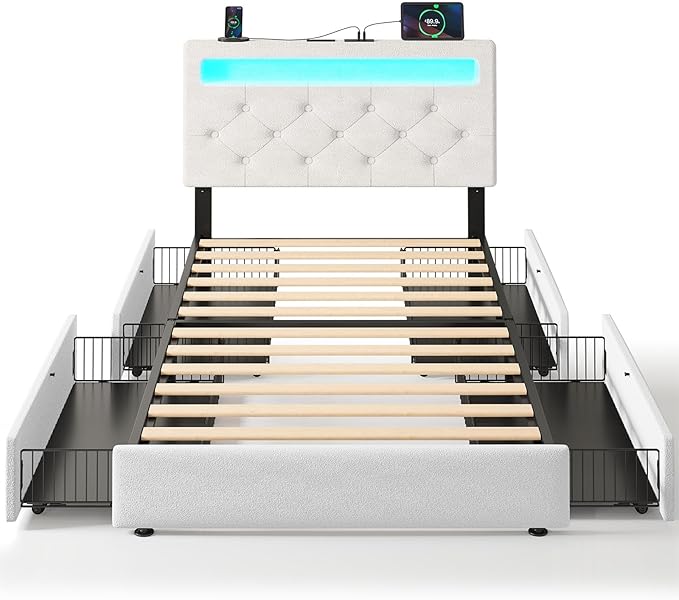 Rolanstar Twin Bed Frame with 4 Storage Drawers and Charging Station, Twin Bed - Image 9