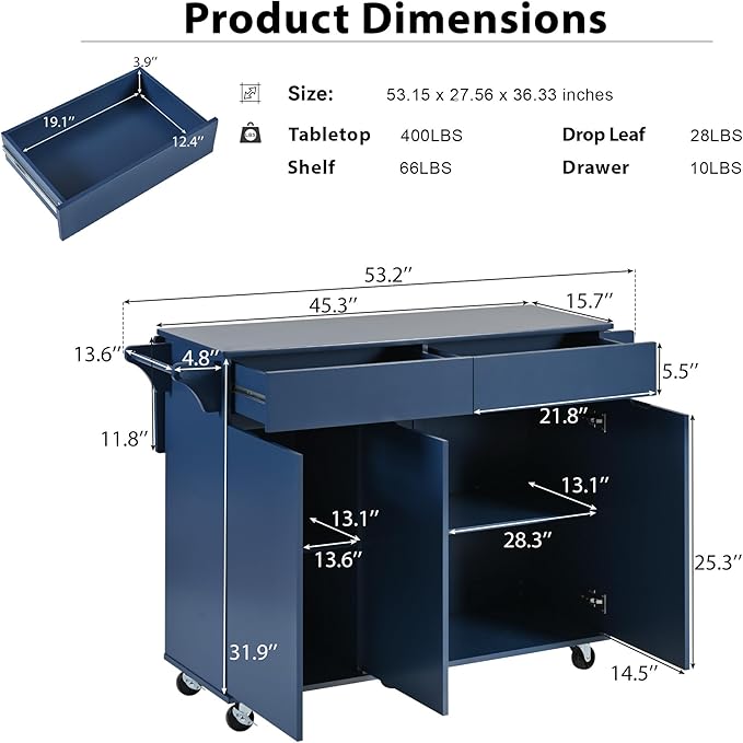 53" Kitchen Island with Drop Leaf, Dining Storage Cart W/Spice Rack, Towel Rack - Image 2