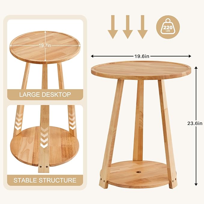 Uniclinens Round End Table, Solid Wood Round Side Coffee Table, Small Bedside - Image 2