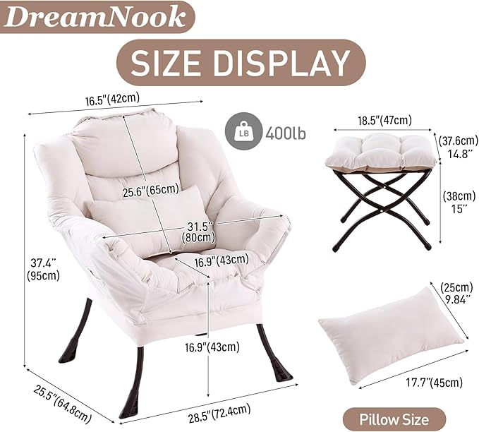 Lazy Chair with Ottoman, Modern Accent Chair with Lumbar Pillow, Comfy Chairs - Image 2