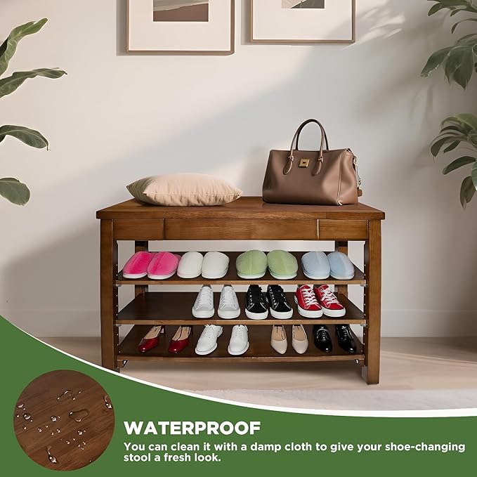 Wood Shoe Bench Entryway with Drawer: 3-Tiers Wooden Storage Shoe Rack with - Image 5