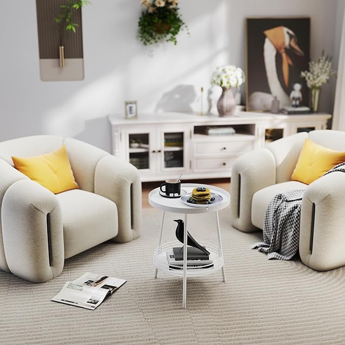 Benkyo 2 Tier White Metal Round Side Table Tiered Two Shelf Storage Coffee Sofa - Image 6