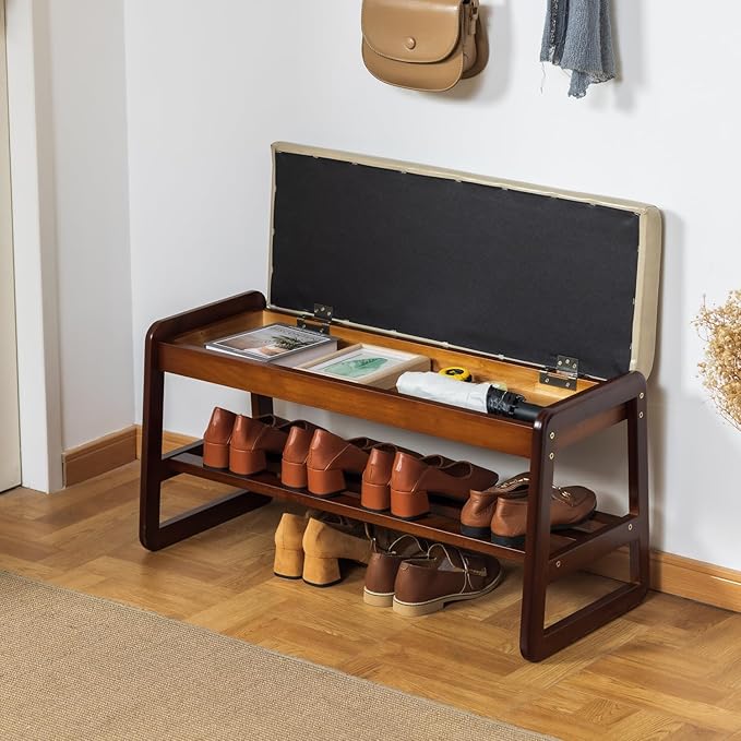 Solid Wood Shoe Bench, 2-Tier Entryway Bench by SOBIBO