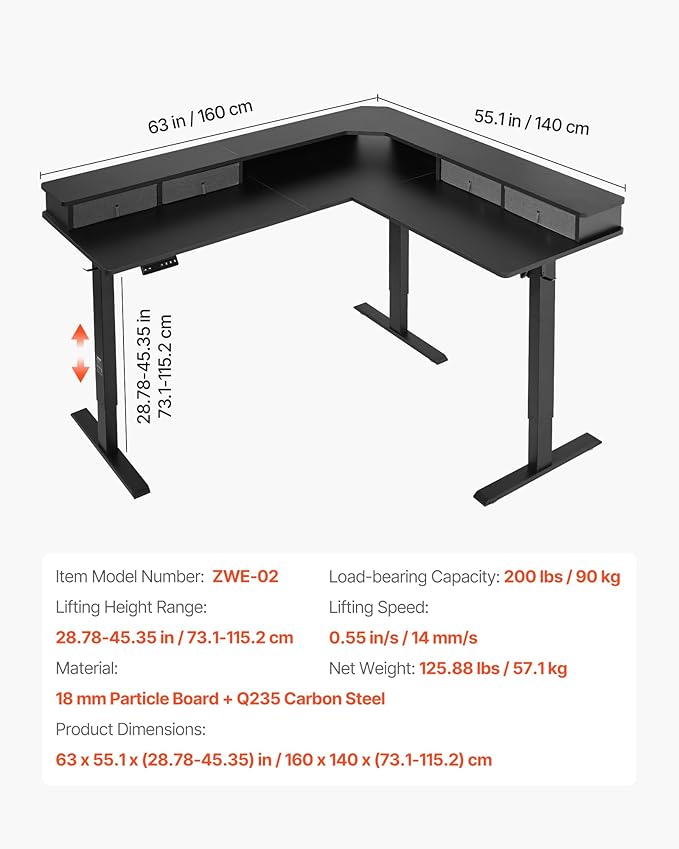 VEVOR 63'' Electric L Shaped Standing Desk, 3 Memory Height, 2-Tier Corner Table - Image 3