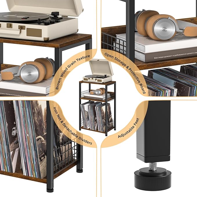 LELELINKY End Table with Storage, 3 Tier Record Player Stand with Vinyl Storage - Image 7