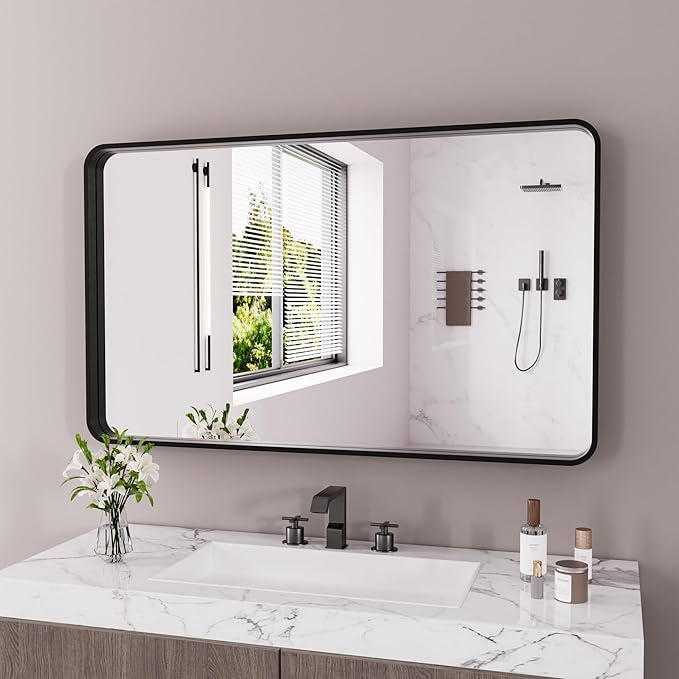 Black Bathroom Mirror 60X30 Inch, Rounded Rectangle Matte Bathroom Vanity Mirror - Image 2