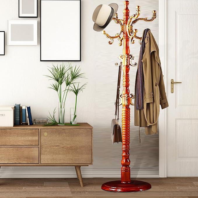 Coat Racks Free Standing with 14 Hooks, Natural Wood Coat Stands by Sauqzoh