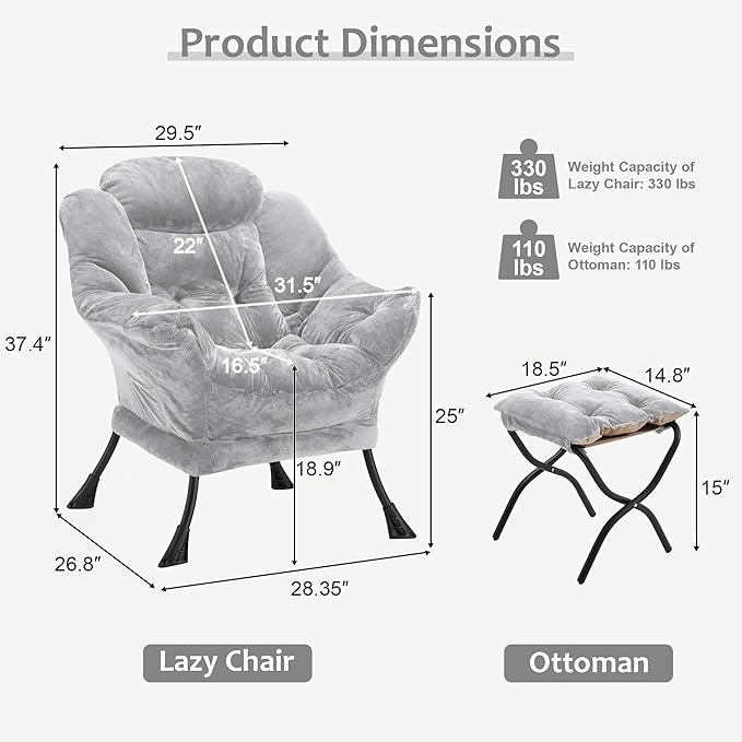 Fabric Lazy Chair with Ottoman, Oversized Upholstered Sofa Chair - Image 3